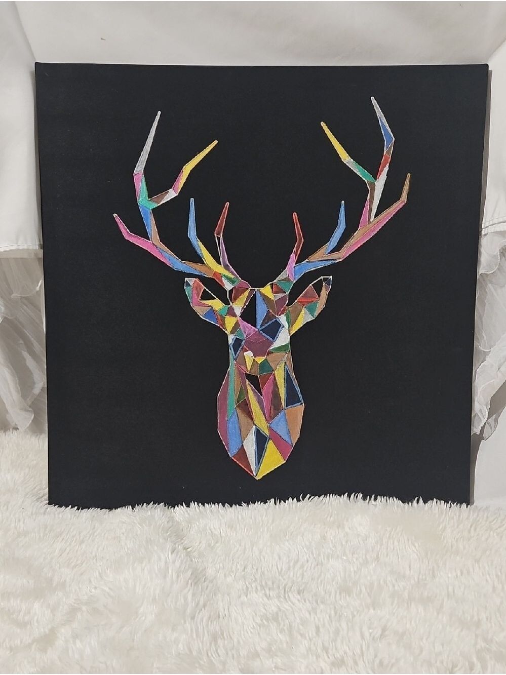 Handmade Upcycled Geometric Multicolor Deer Wall Art on Black Canvas Acrylic Art